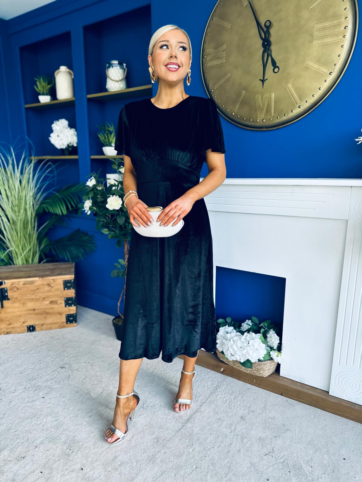 Maggie Angel Sleeve Velvet Occasion Dress Black