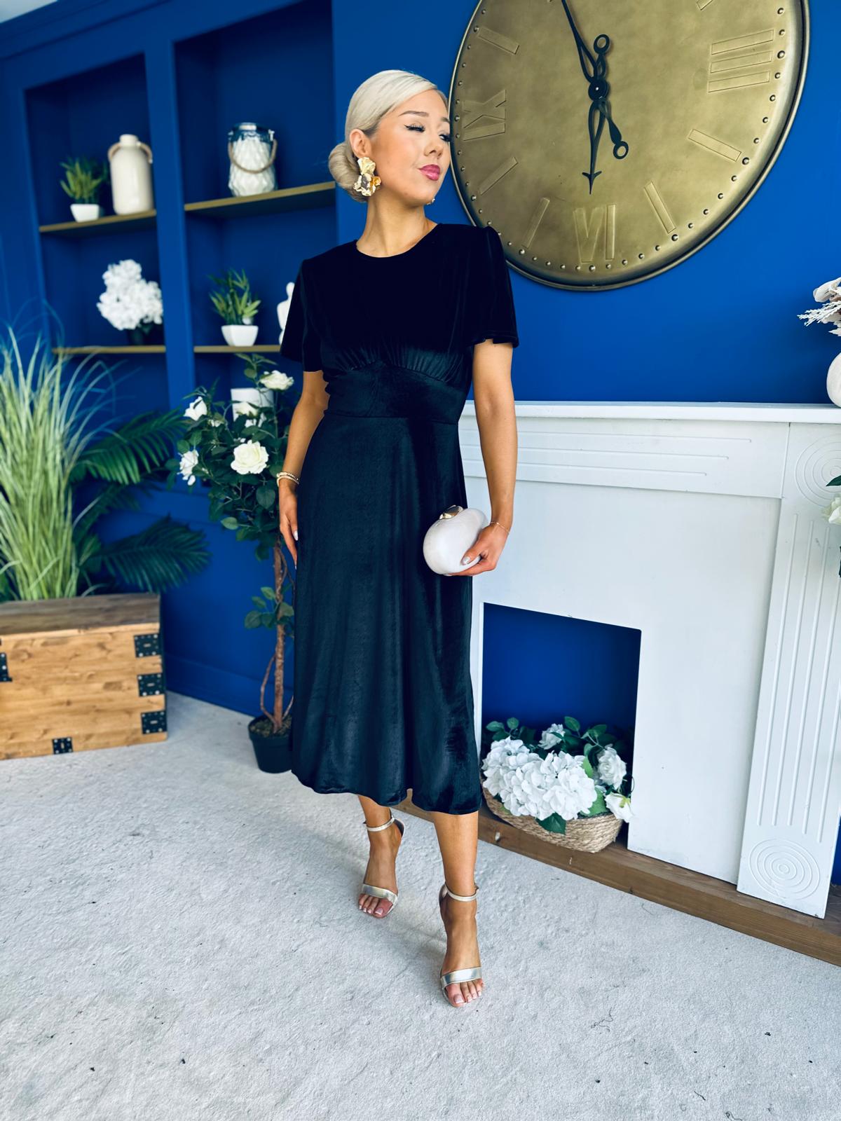 Maggie Angel Sleeve Velvet Occasion Dress Black