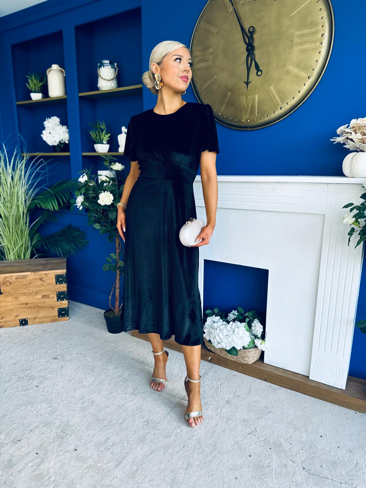 Maggie Angel Sleeve Velvet Occasion Dress Black