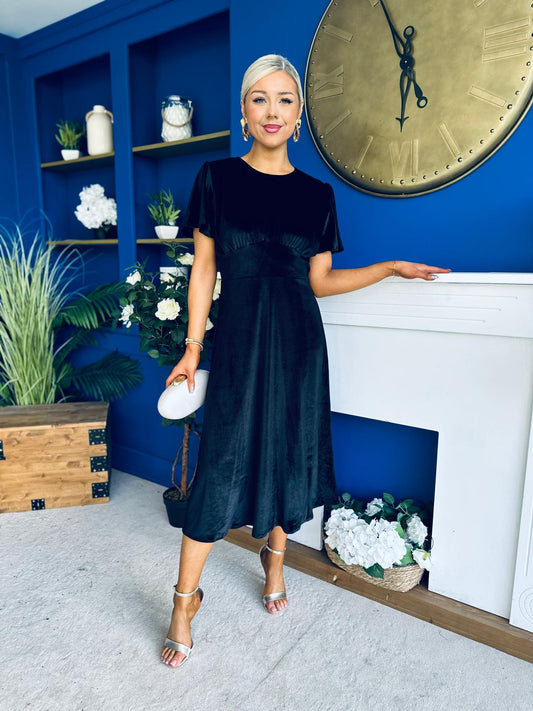 Maggie Angel Sleeve Velvet Occasion Dress Black