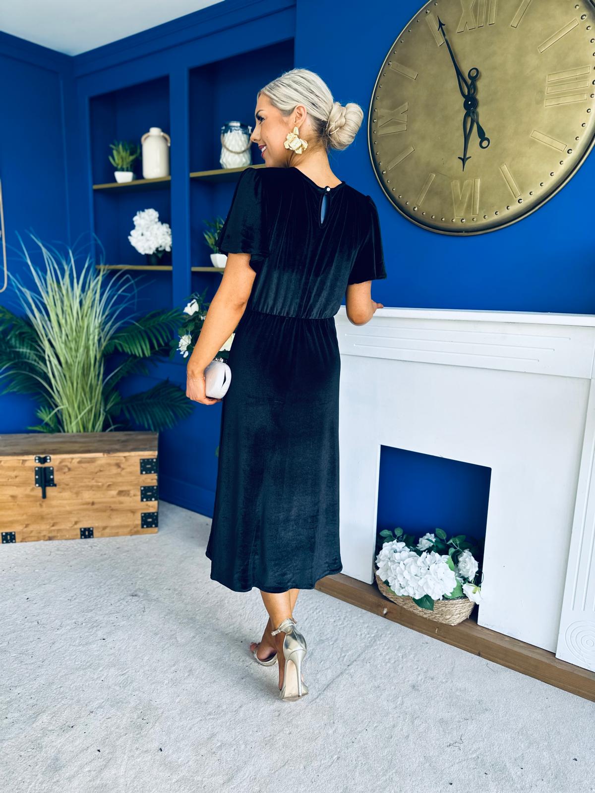 Maggie Angel Sleeve Velvet Occasion Dress Black