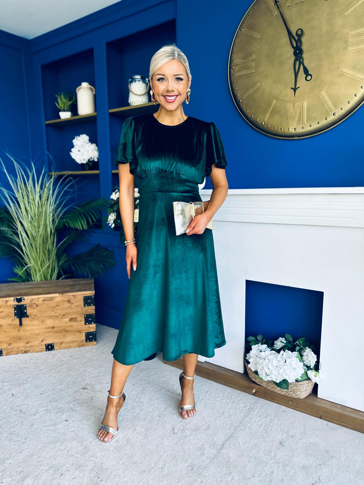 Maggie Angel Sleeve Velvet Occasion Dress Forest