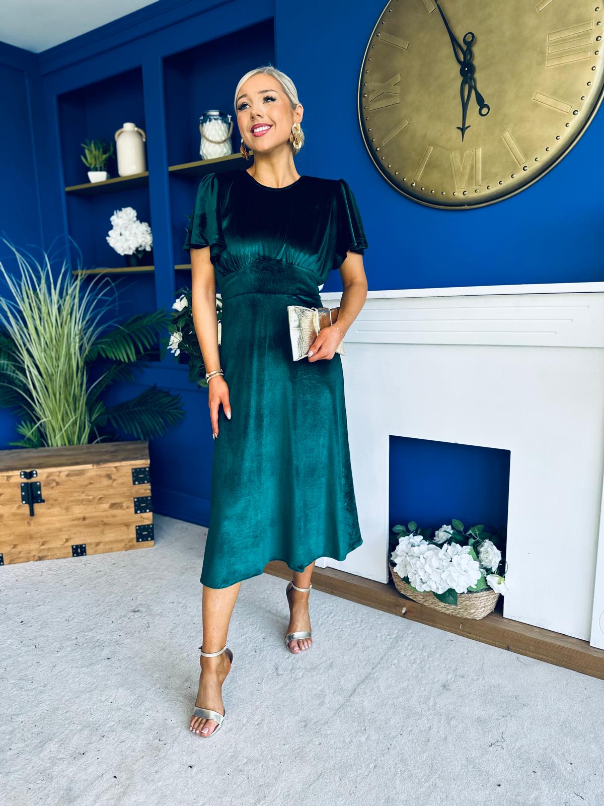 Maggie Angel Sleeve Velvet Occasion Dress Forest