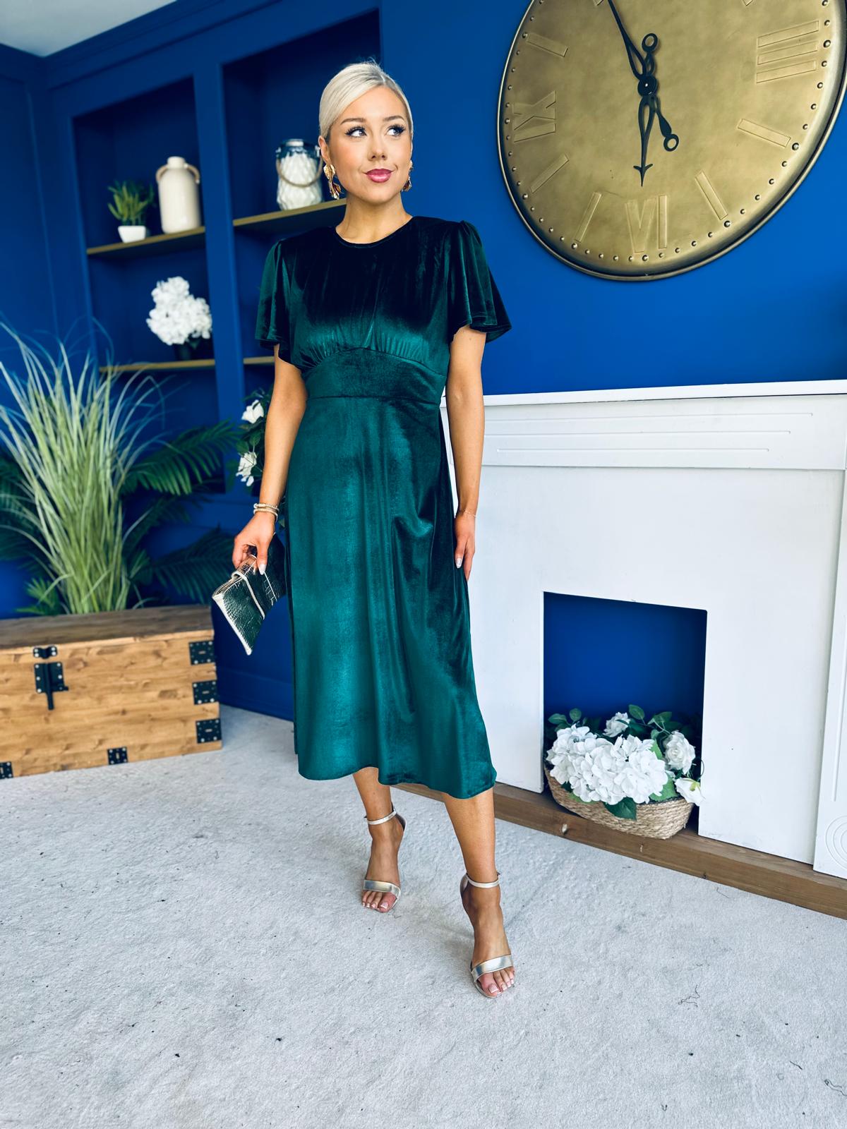 Maggie Angel Sleeve Velvet Occasion Dress Forest