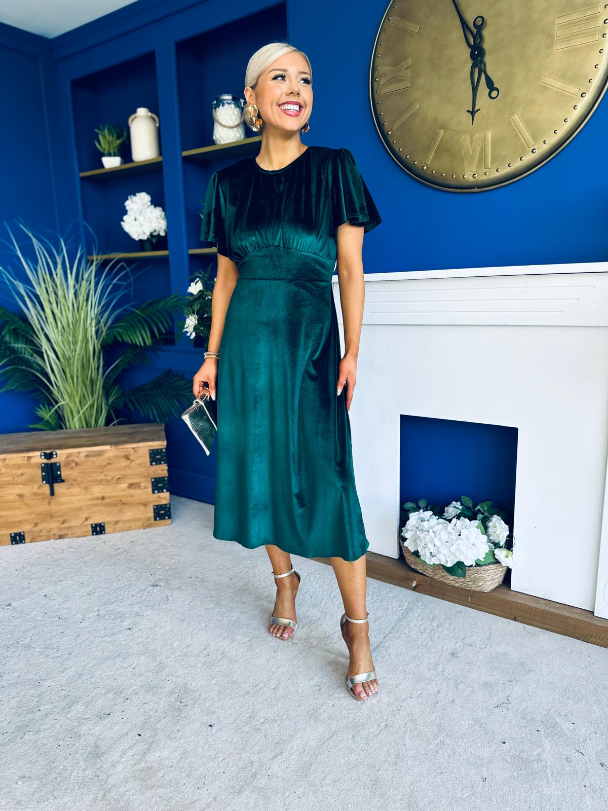 Maggie Angel Sleeve Velvet Occasion Dress Forest