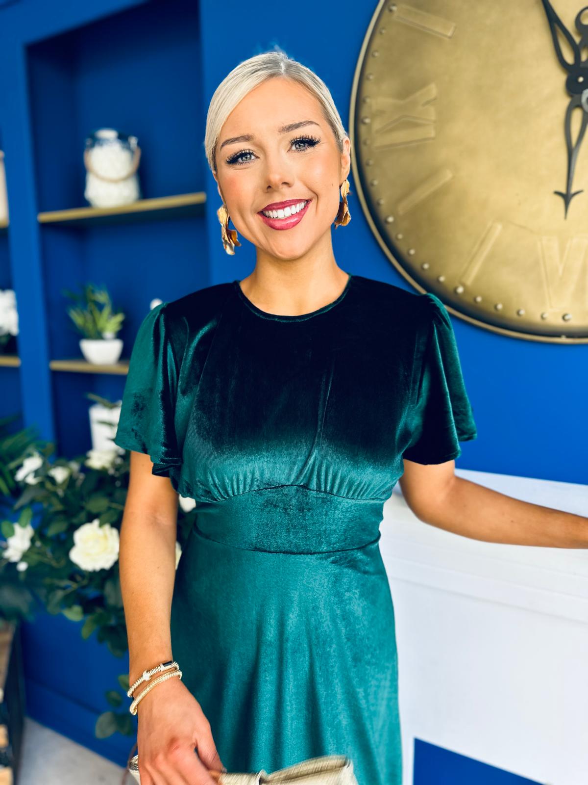 Maggie Angel Sleeve Velvet Occasion Dress Forest