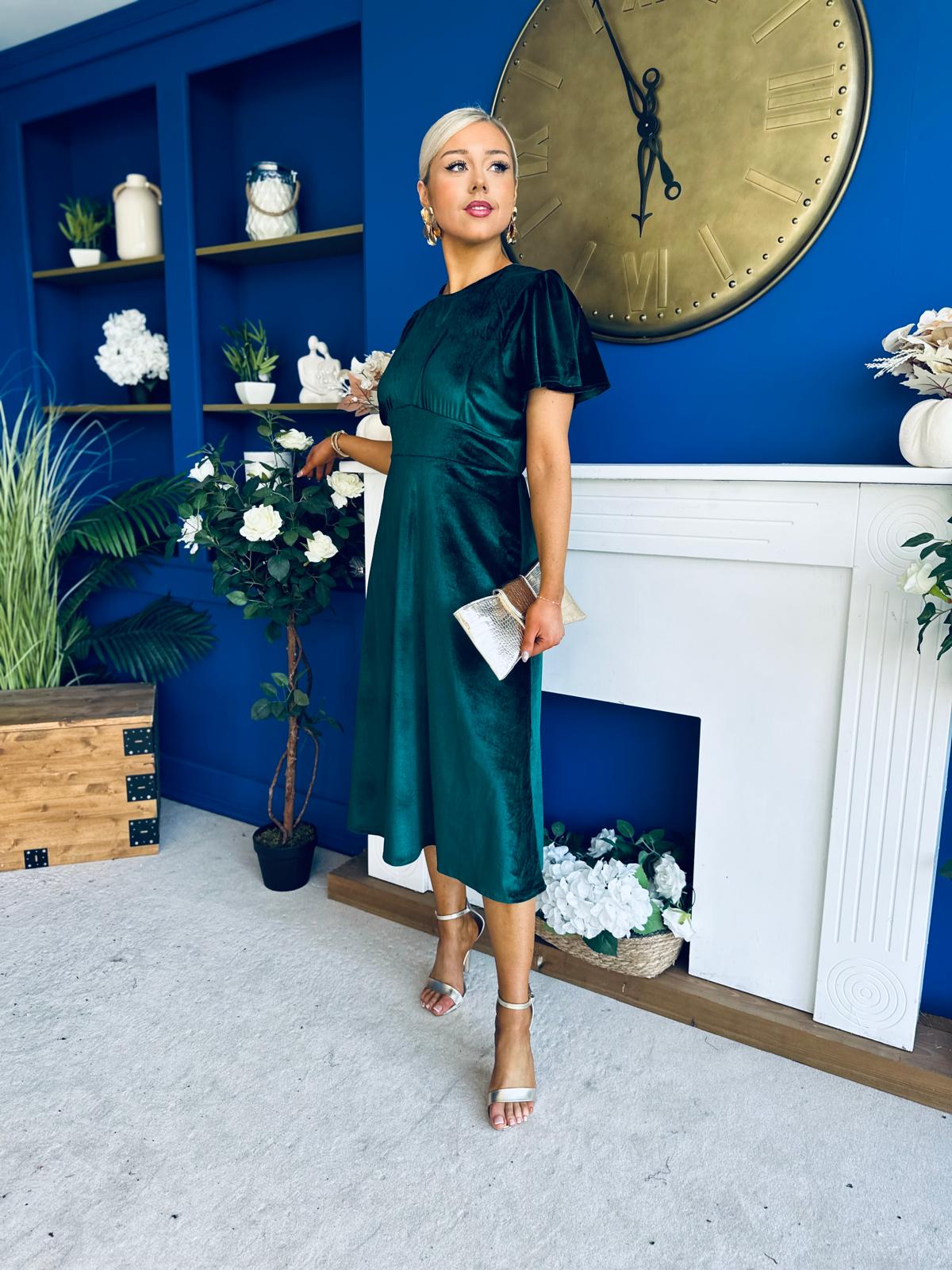 Maggie Angel Sleeve Velvet Occasion Dress Forest