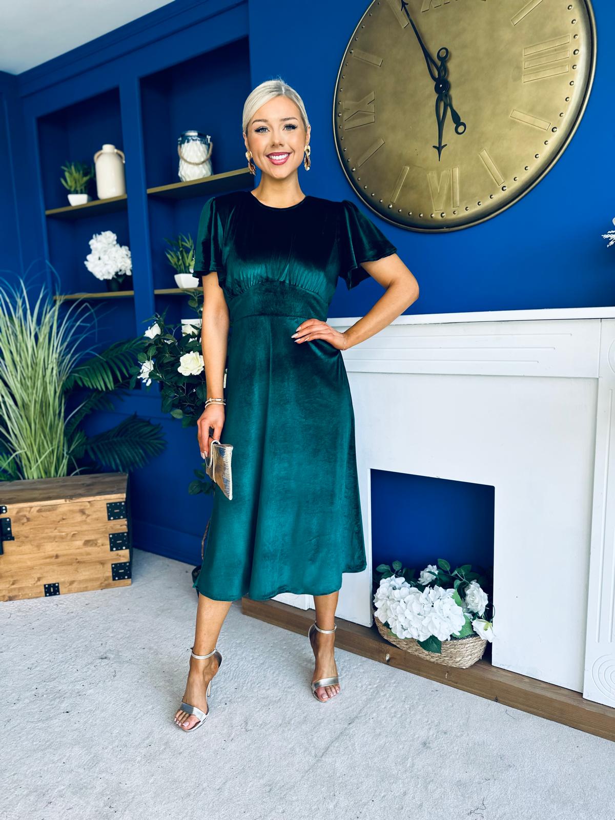 Maggie Angel Sleeve Velvet Occasion Dress Forest