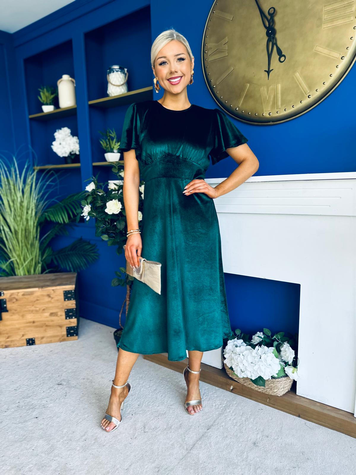 Maggie Angel Sleeve Velvet Occasion Dress Forest