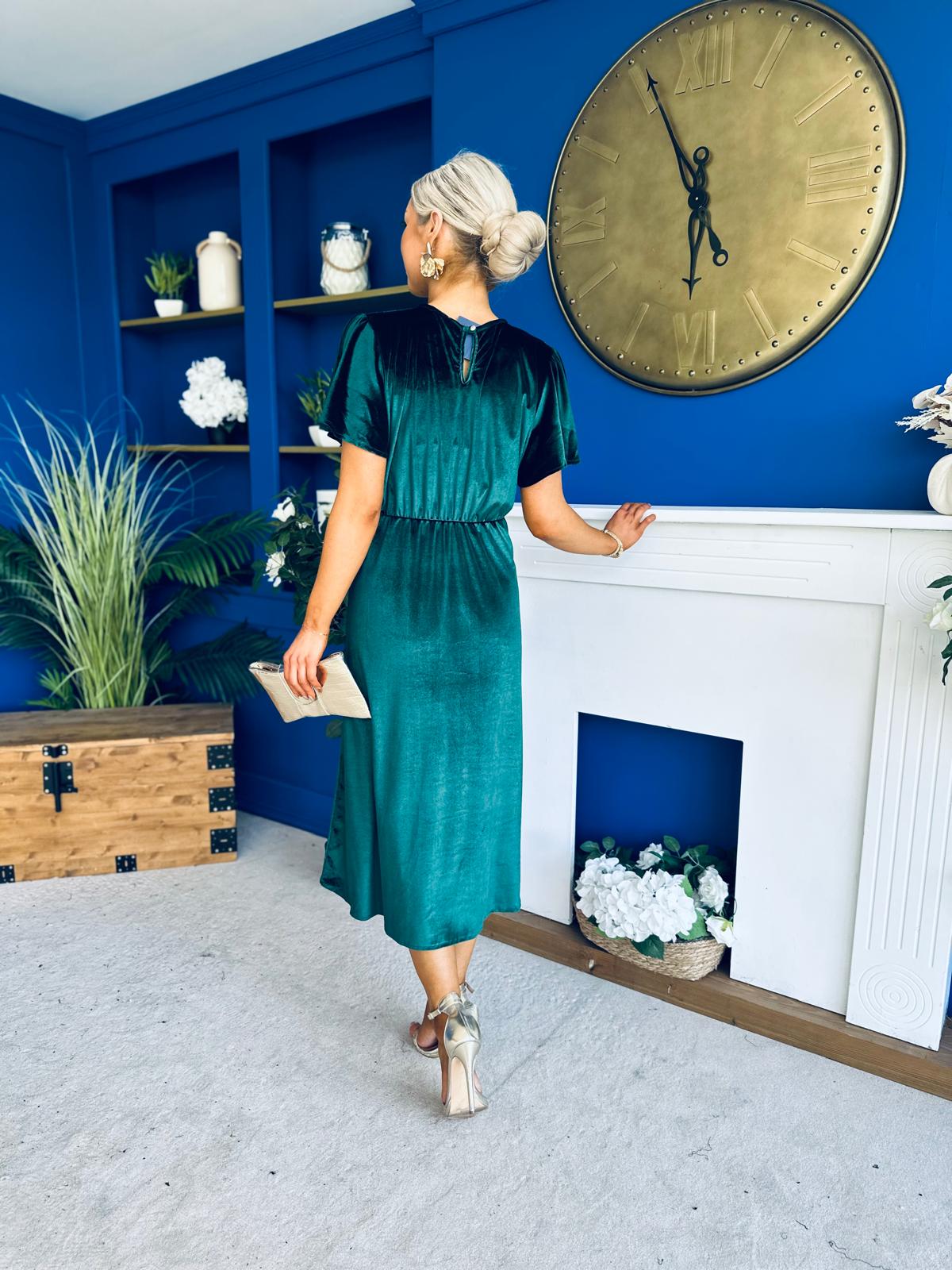 Maggie Angel Sleeve Velvet Occasion Dress Forest