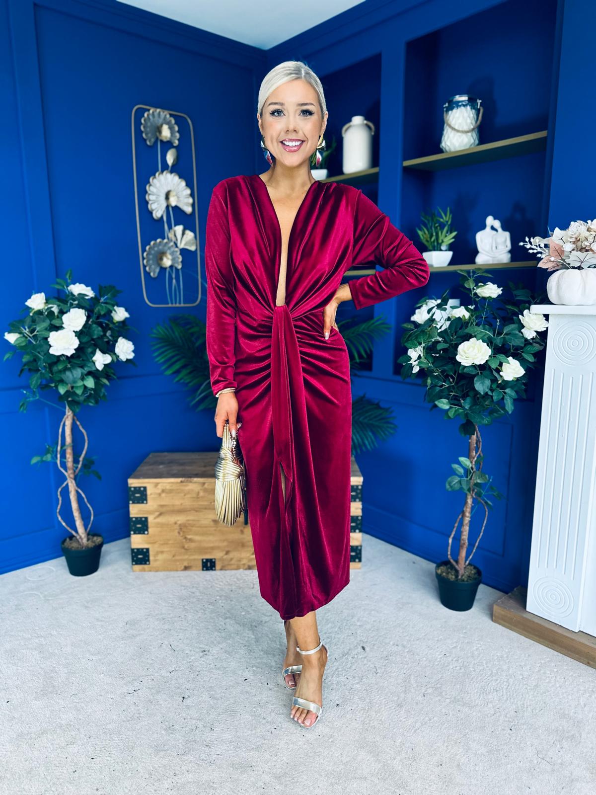 Elaine Plunging Velvet Occasion Dress Wine