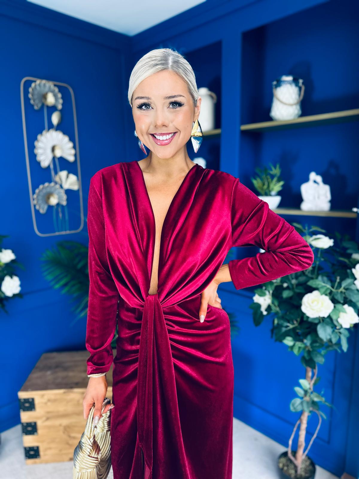 Elaine Plunging Velvet Occasion Dress Wine