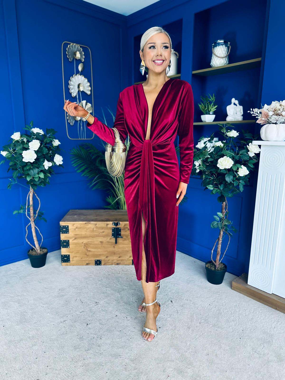 Elaine Plunging Velvet Occasion Dress Wine