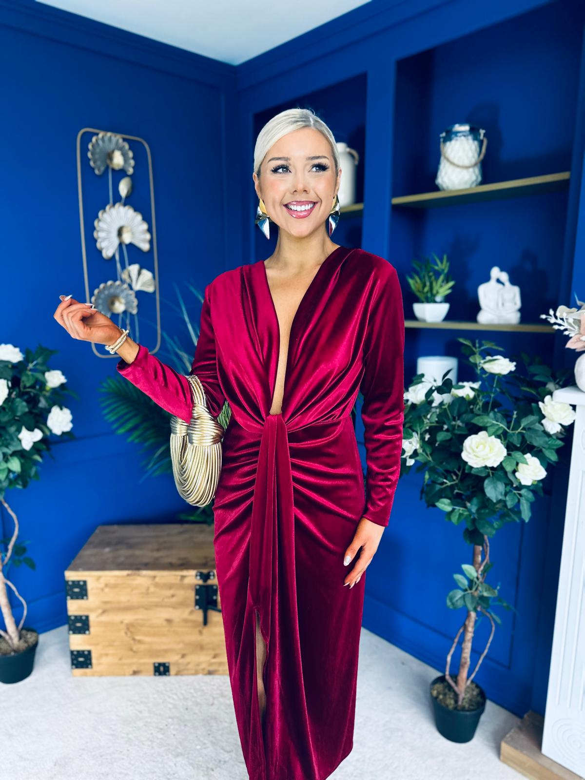 Elaine Plunging Velvet Occasion Dress Wine