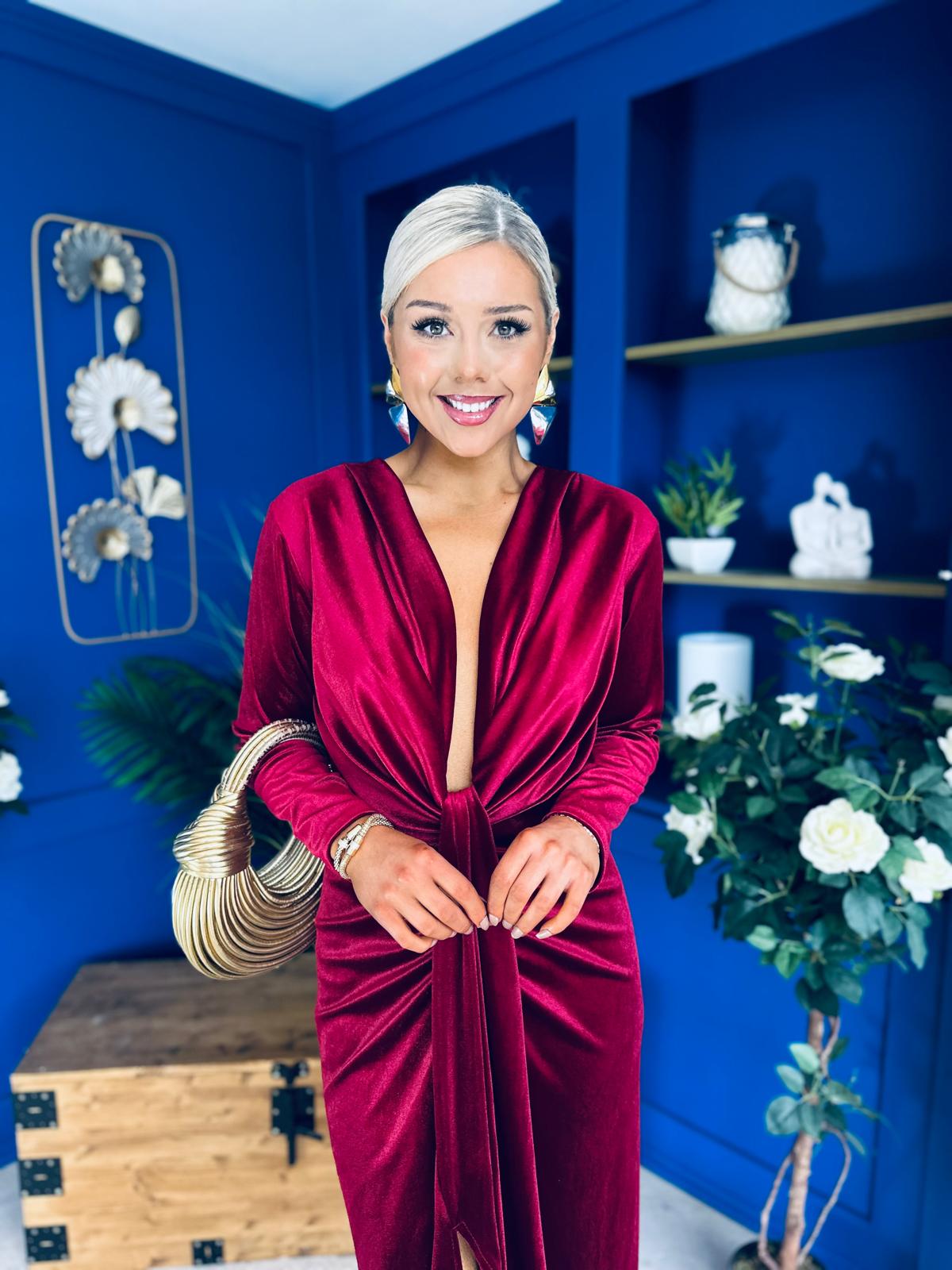 Elaine Plunging Velvet Occasion Dress Wine