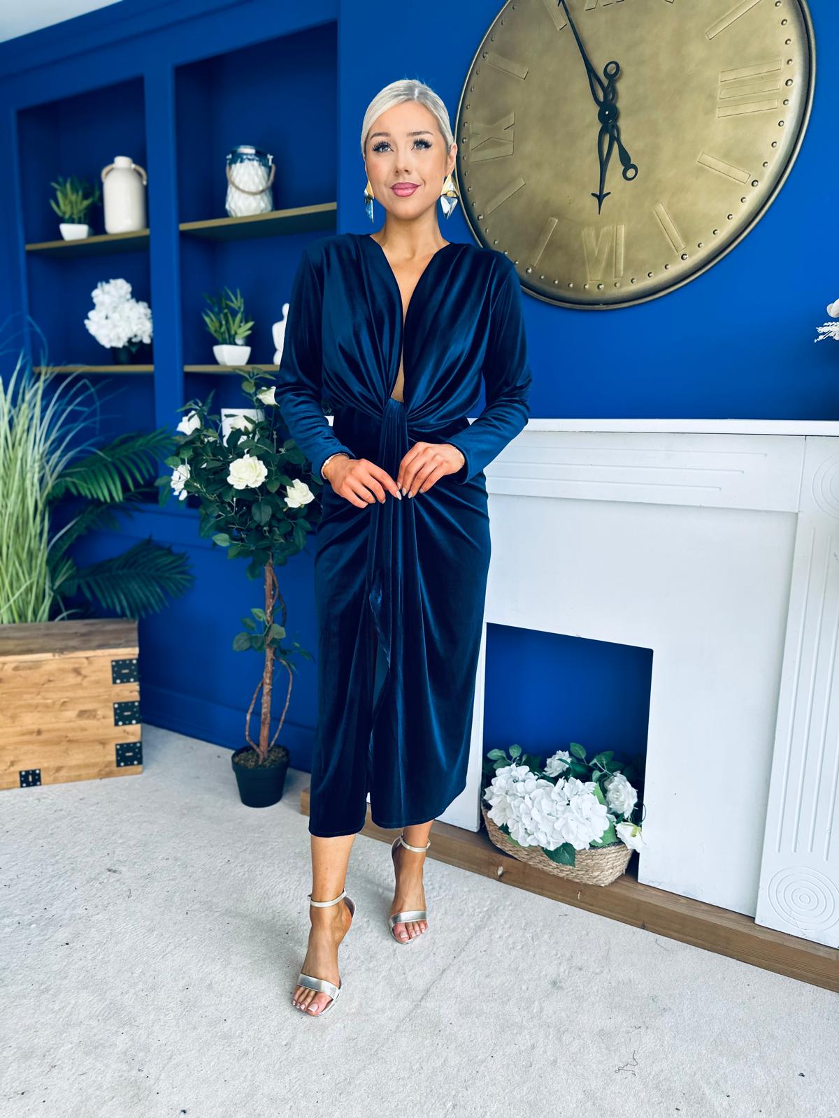 Elaine Plunging Velvet Occasion Dress Navy