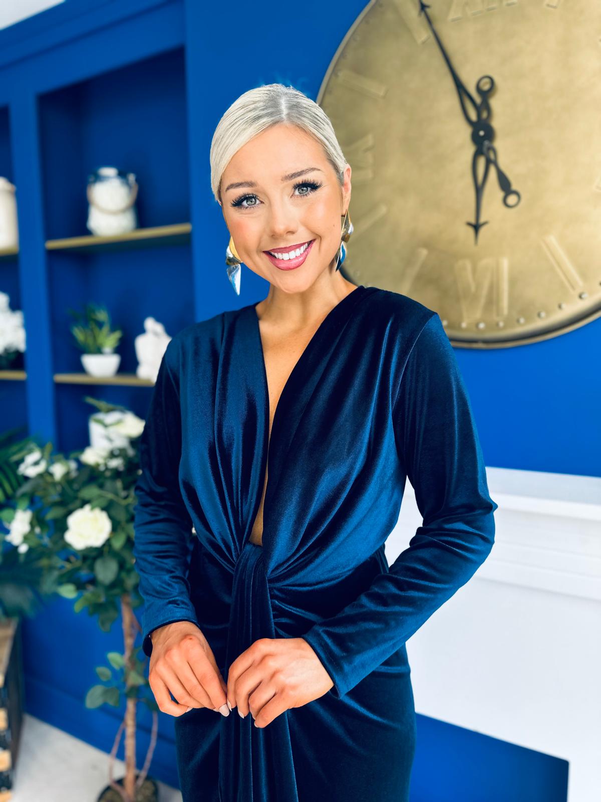 Elaine Plunging Velvet Occasion Dress Navy