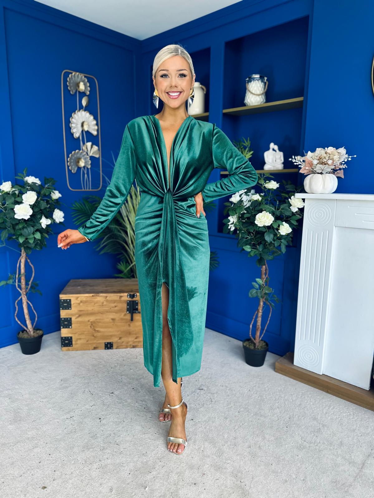 Elaine Plunging Velvet Occasion Dress Green