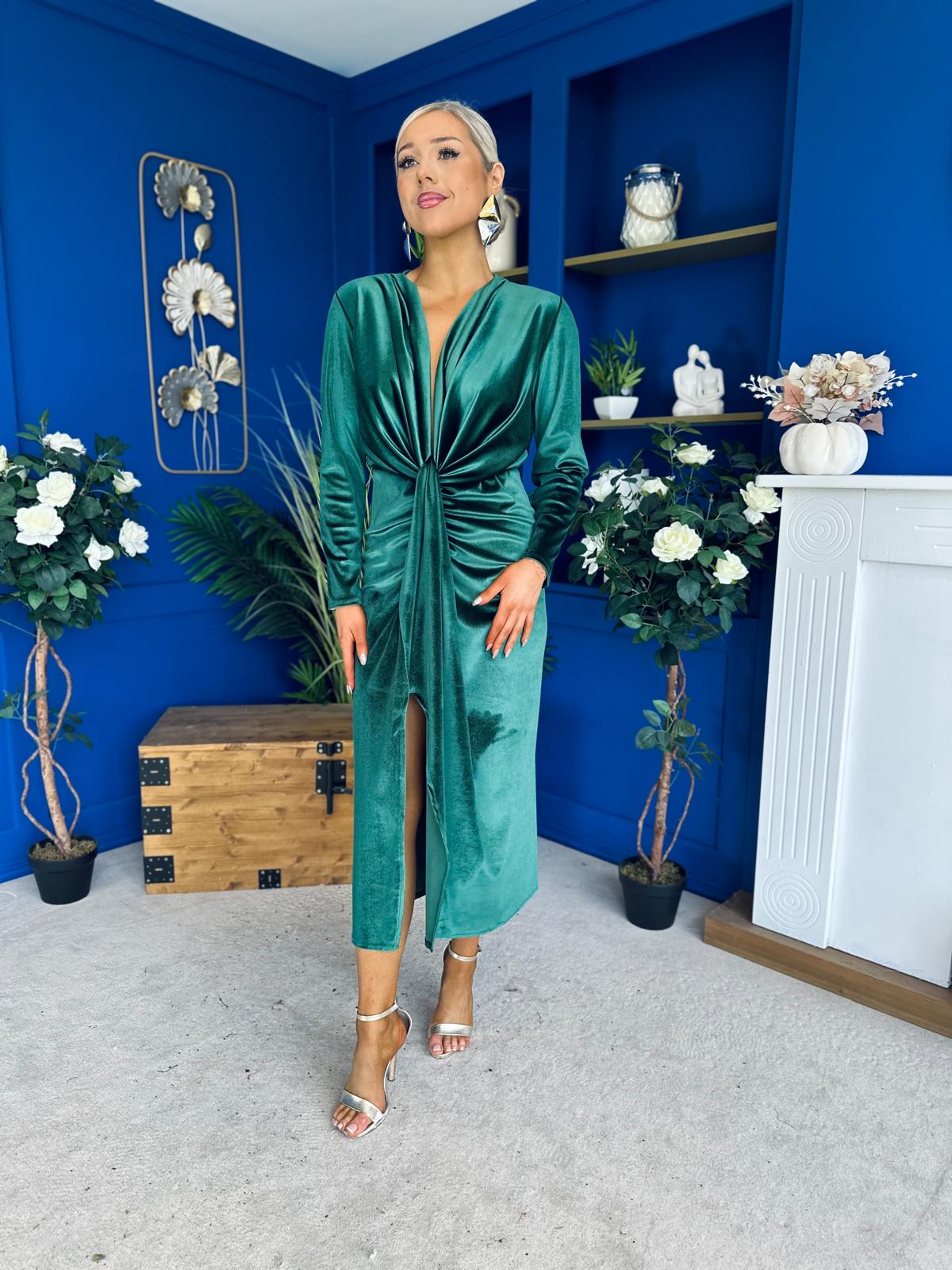 Elaine Plunging Velvet Occasion Dress Green