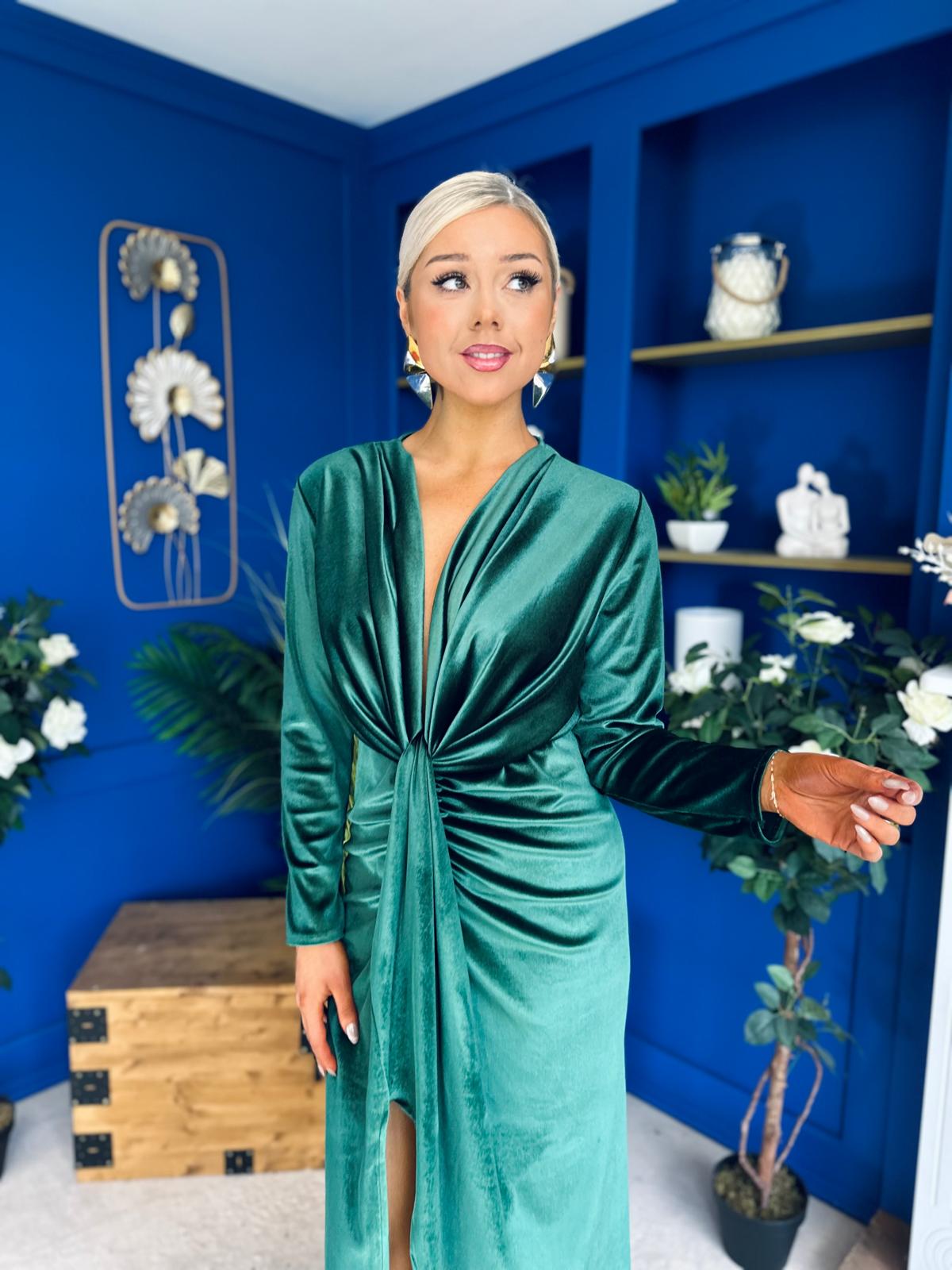 Elaine Plunging Velvet Occasion Dress Green