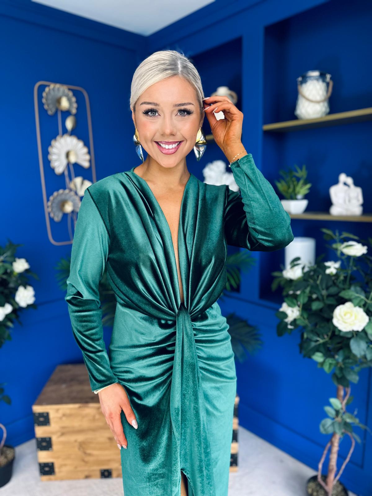 Elaine Plunging Velvet Occasion Dress Green