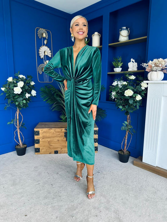 Elaine Plunging Velvet Occasion Dress Green