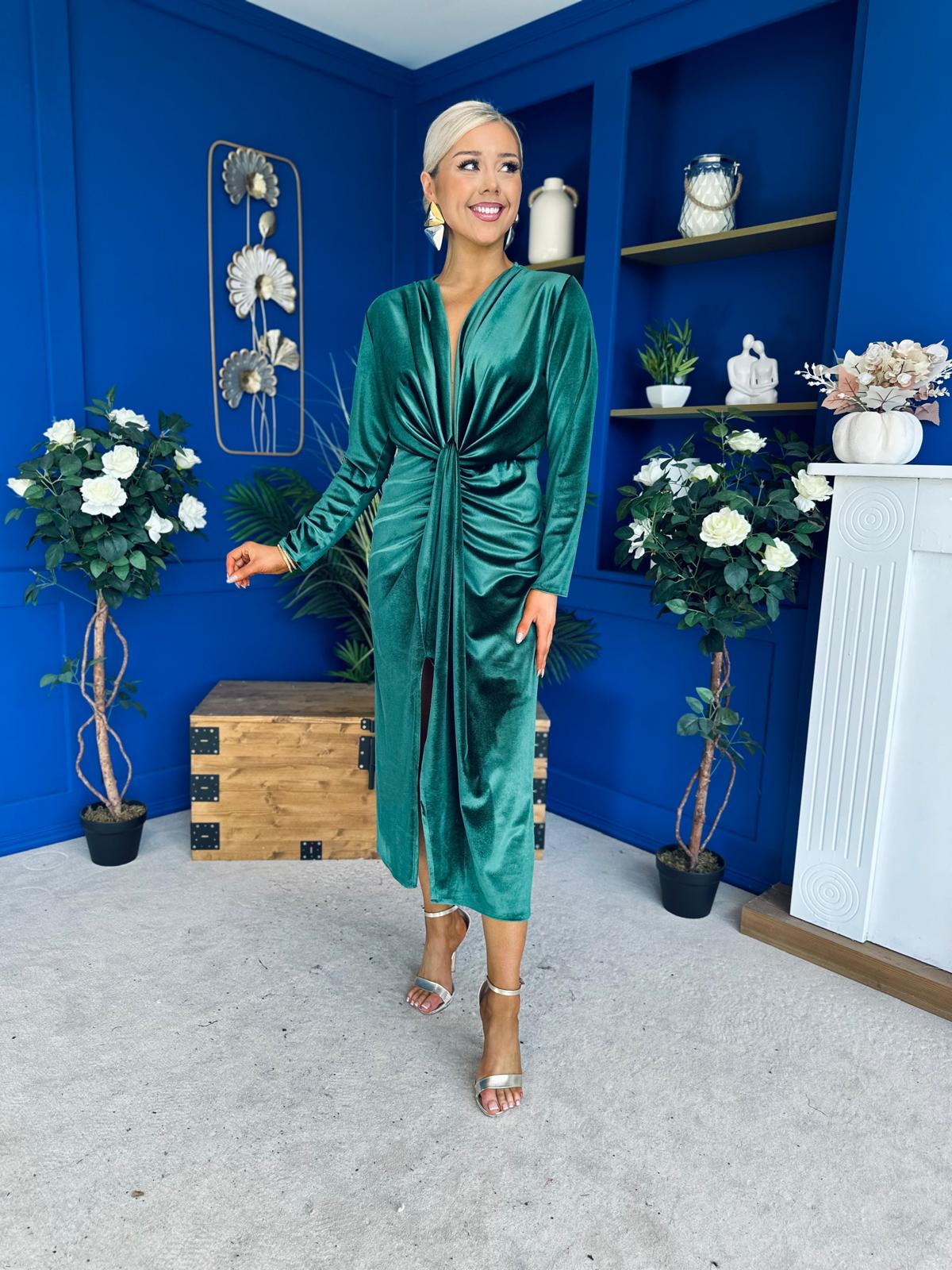 Elaine Plunging Velvet Occasion Dress Green