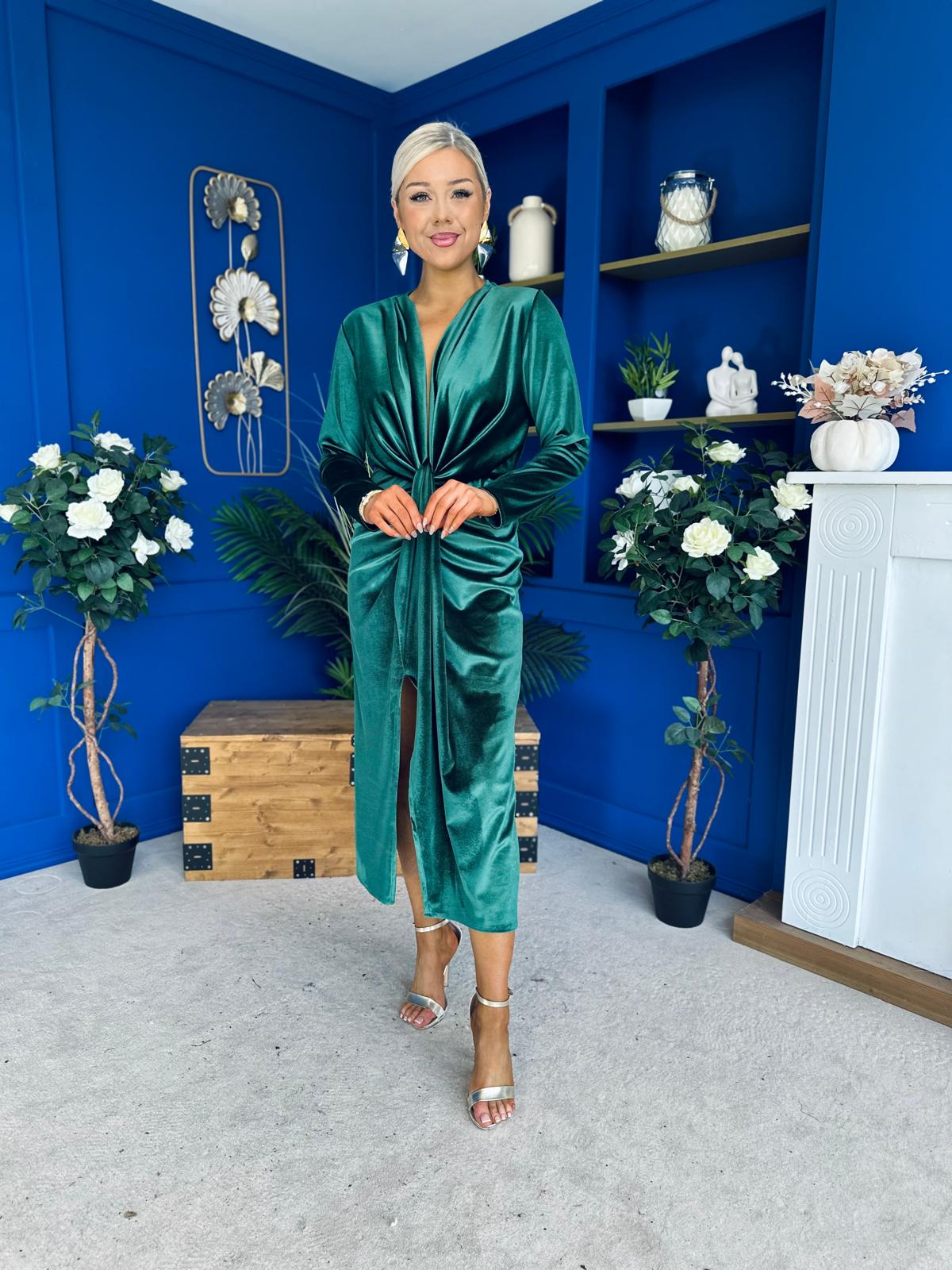 Elaine Plunging Velvet Occasion Dress Green