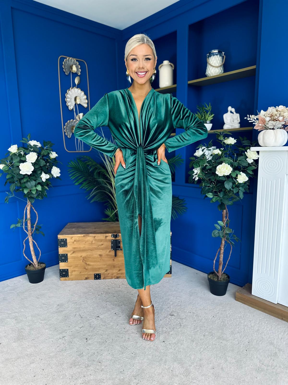 Elaine Plunging Velvet Occasion Dress Green