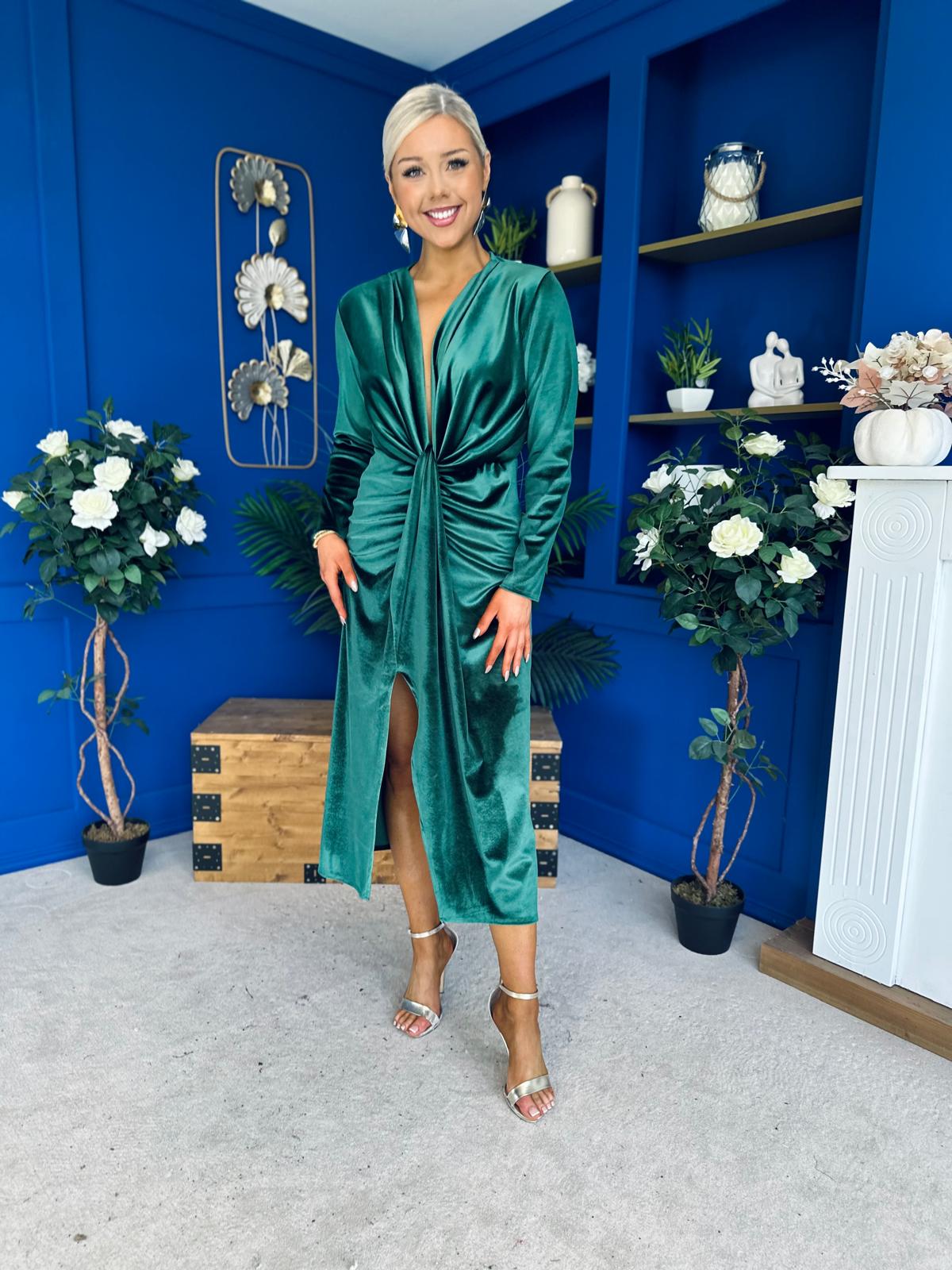 Elaine Plunging Velvet Occasion Dress Green