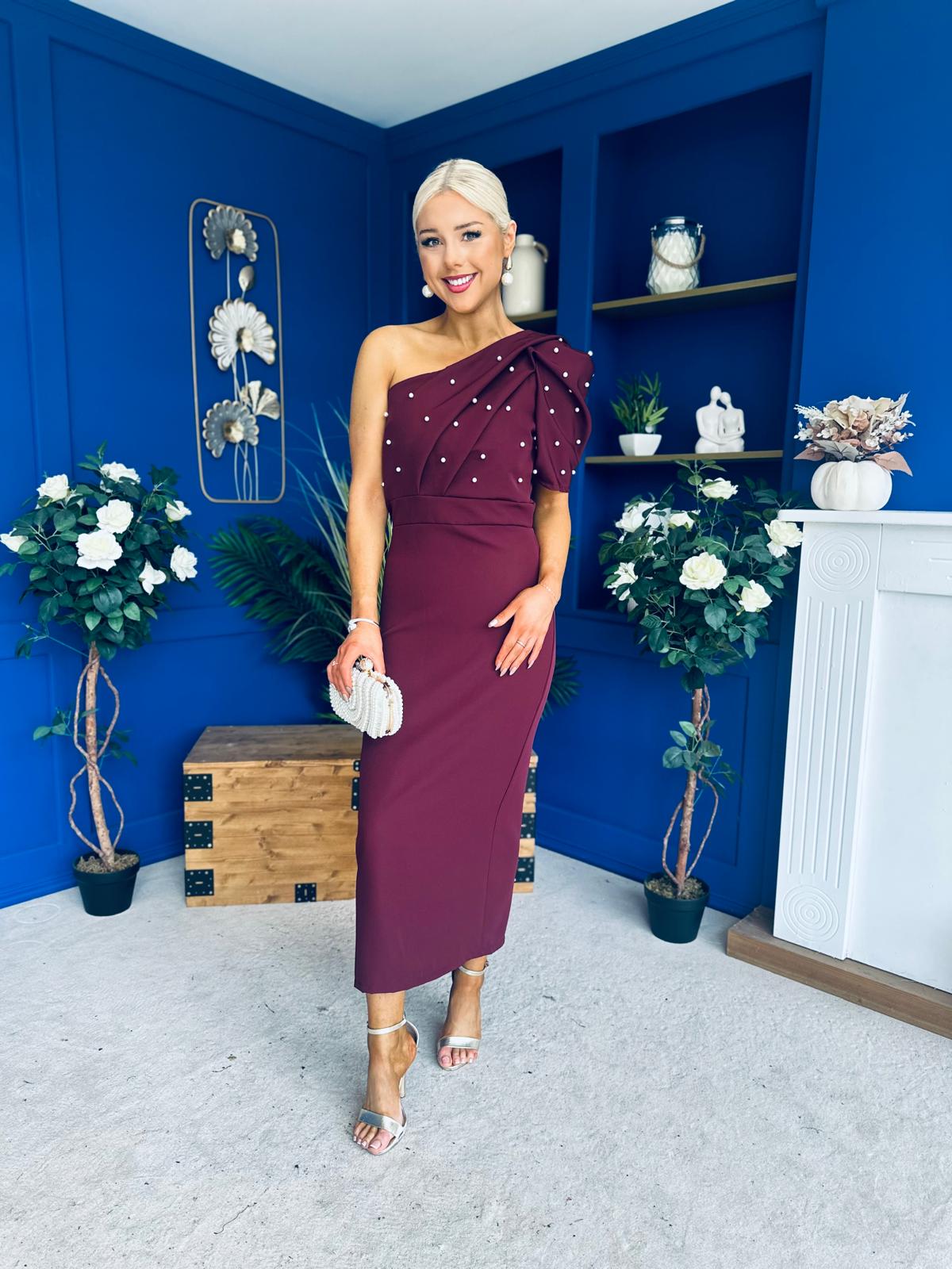 April Pearl Embellished Occasion Midi Dress Burgundy