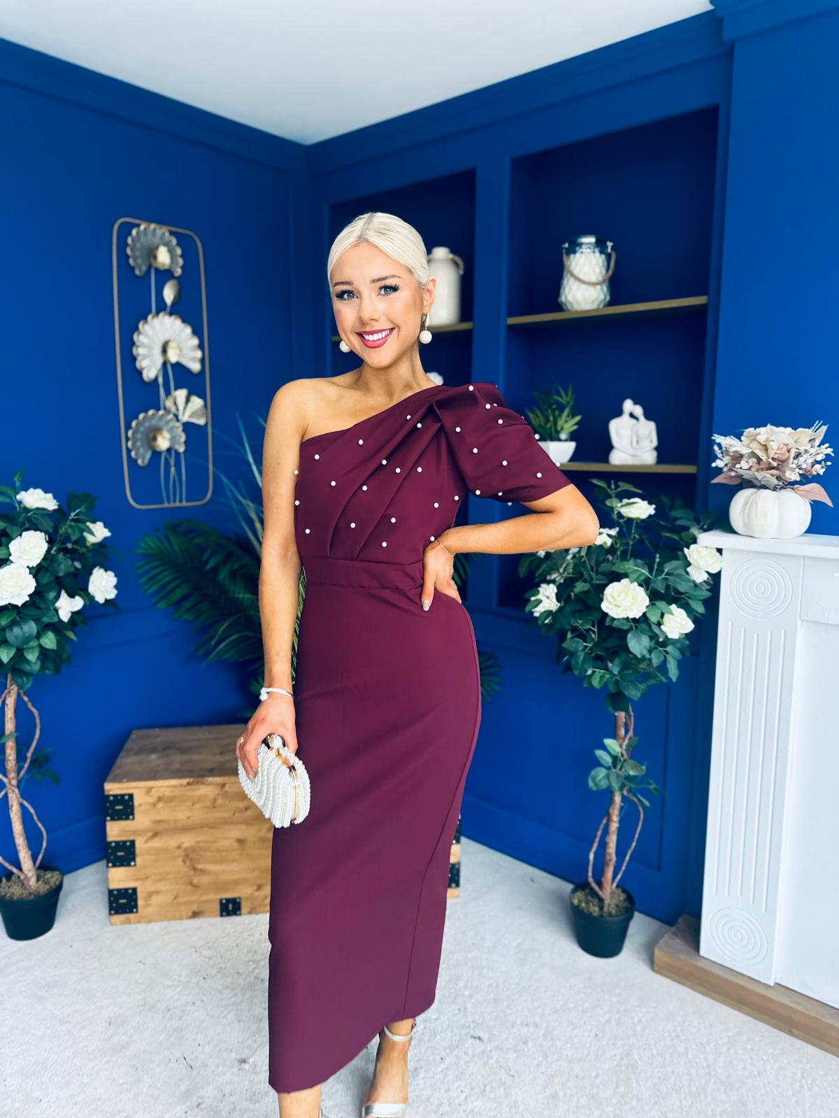 April Pearl Embellished Occasion Midi Dress Burgundy