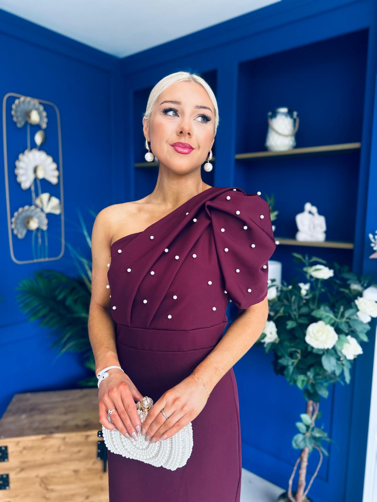 April Pearl Embellished Occasion Midi Dress Burgundy