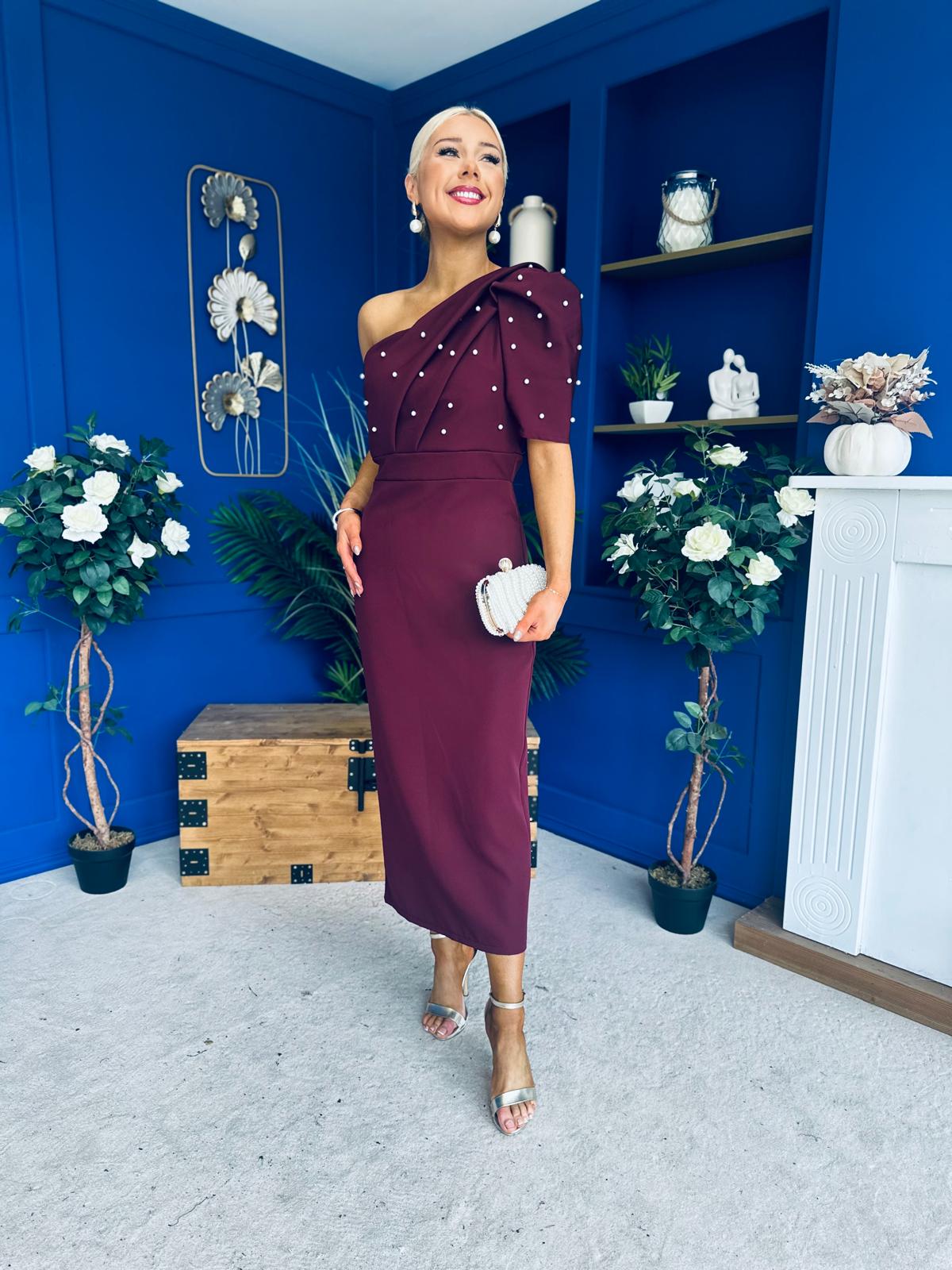 April Pearl Embellished Occasion Midi Dress Burgundy