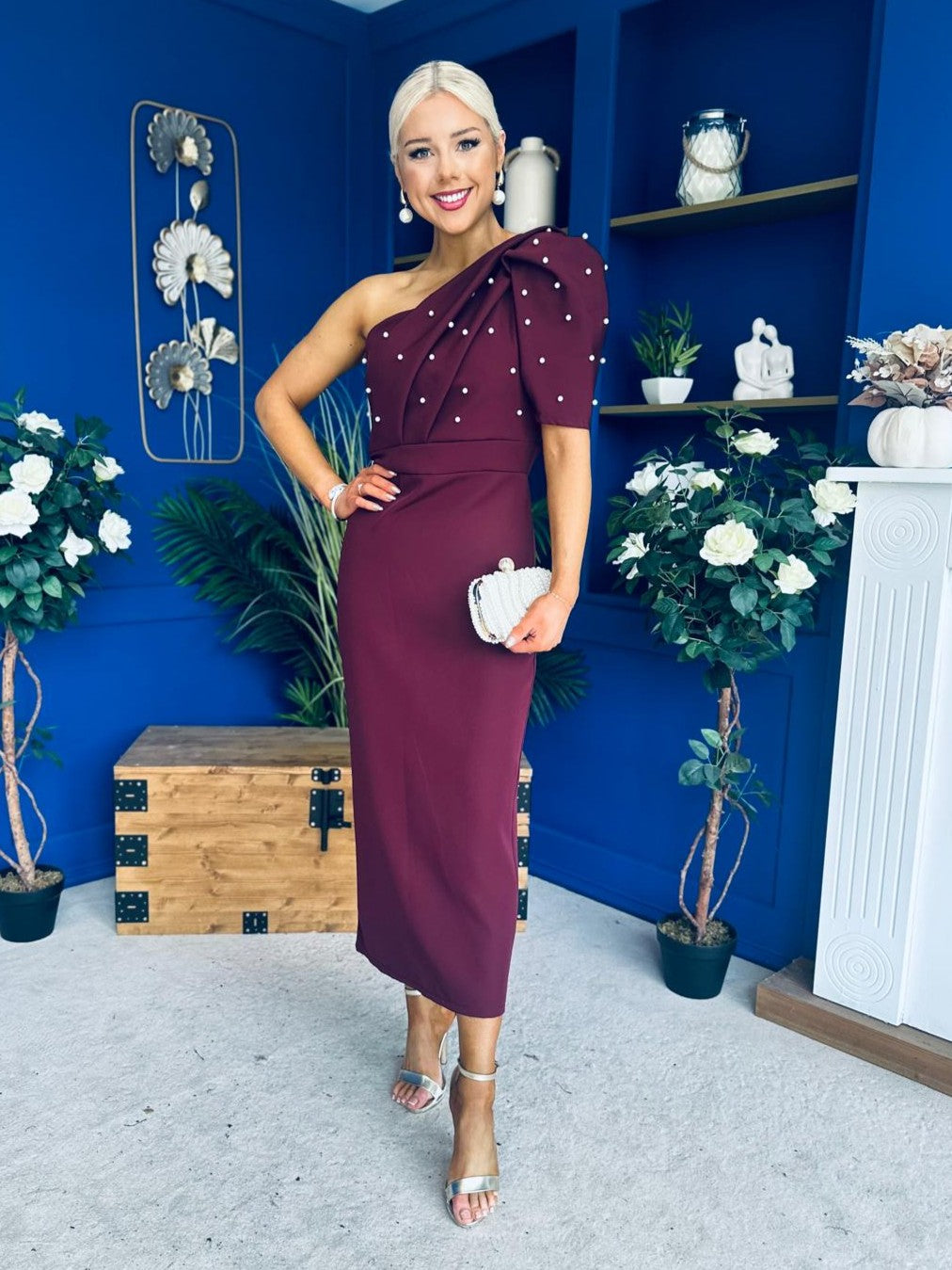 April Pearl Embellished Occasion Midi Dress Burgundy