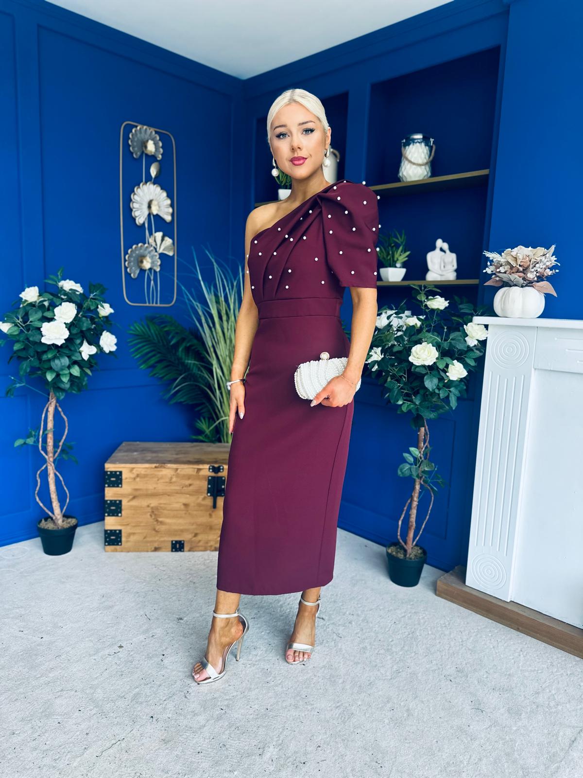 April Pearl Embellished Occasion Midi Dress Burgundy