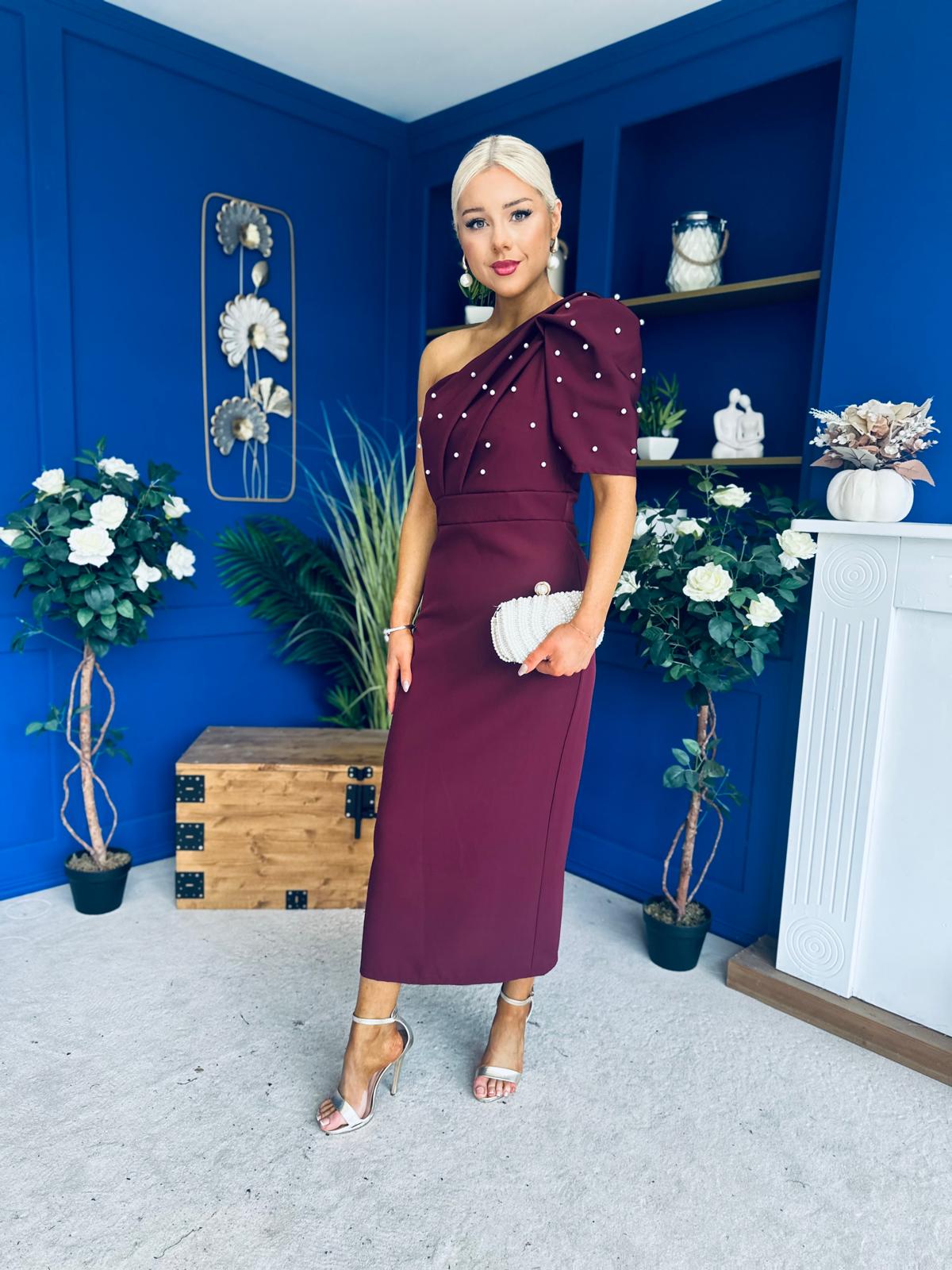 April Pearl Embellished Occasion Midi Dress Burgundy