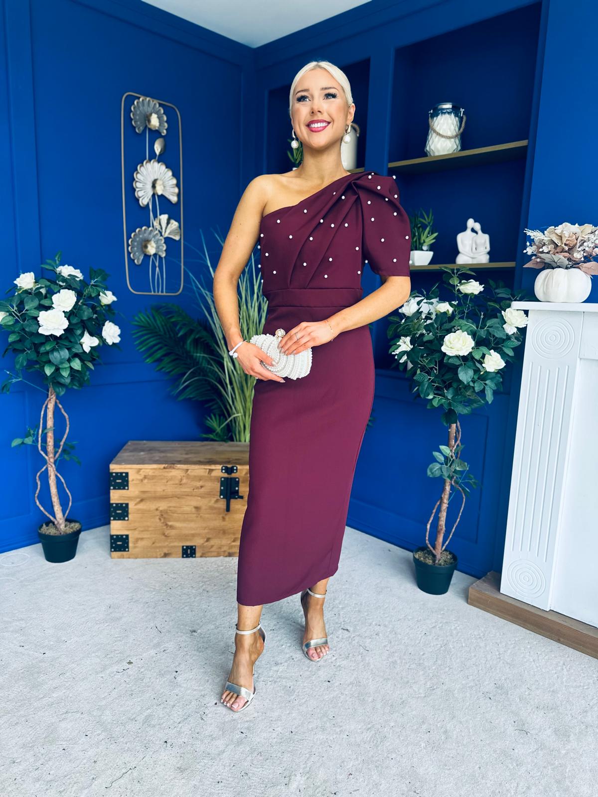 April Pearl Embellished Occasion Midi Dress Burgundy