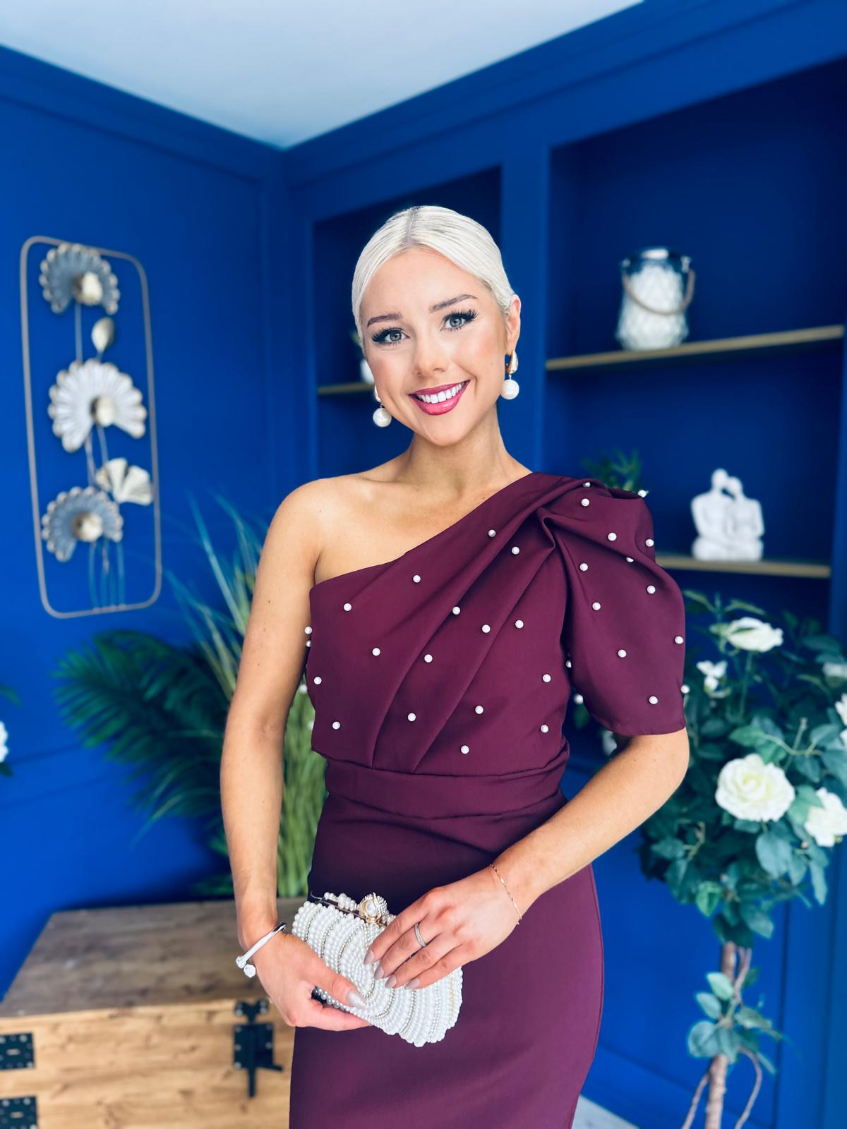 April Pearl Embellished Occasion Midi Dress Burgundy