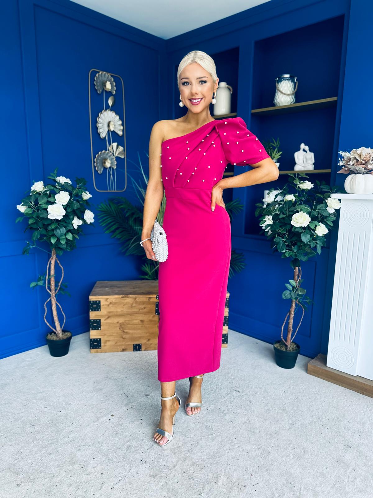 April Pearl Embellished Occasion Midi Dress Raspberry Pink