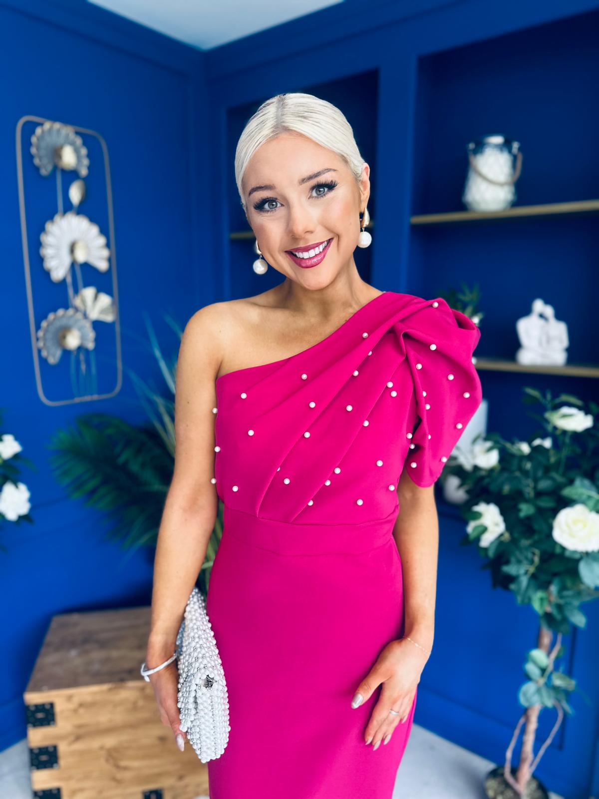 April Pearl Embellished Occasion Midi Dress Raspberry Pink