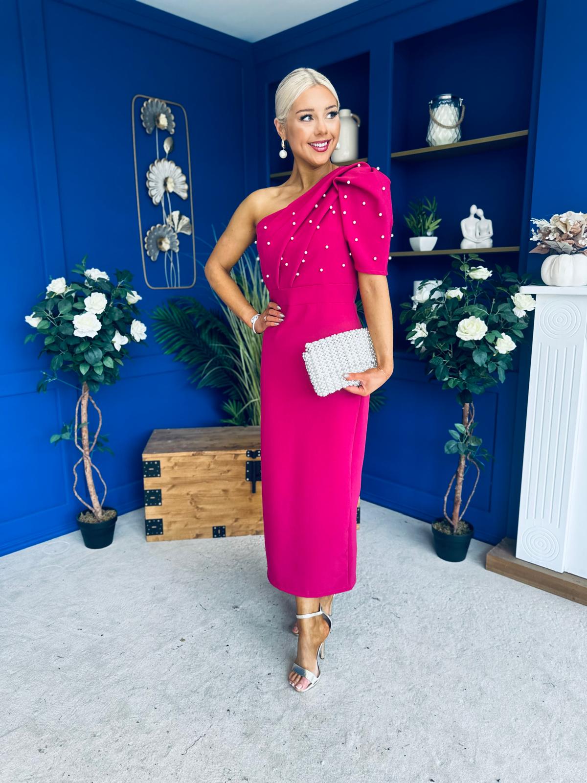 April Pearl Embellished Occasion Midi Dress Raspberry Pink