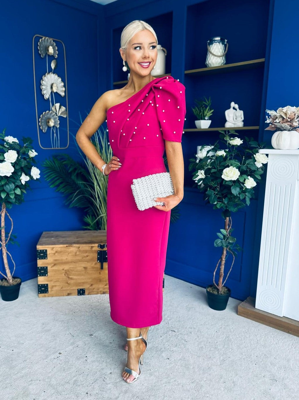 April Pearl Embellished Occasion Midi Dress Raspberry Pink