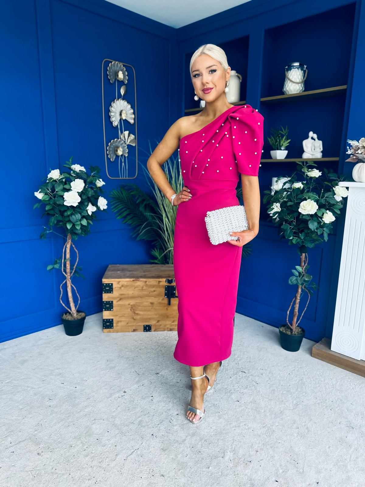 April Pearl Embellished Occasion Midi Dress Raspberry Pink