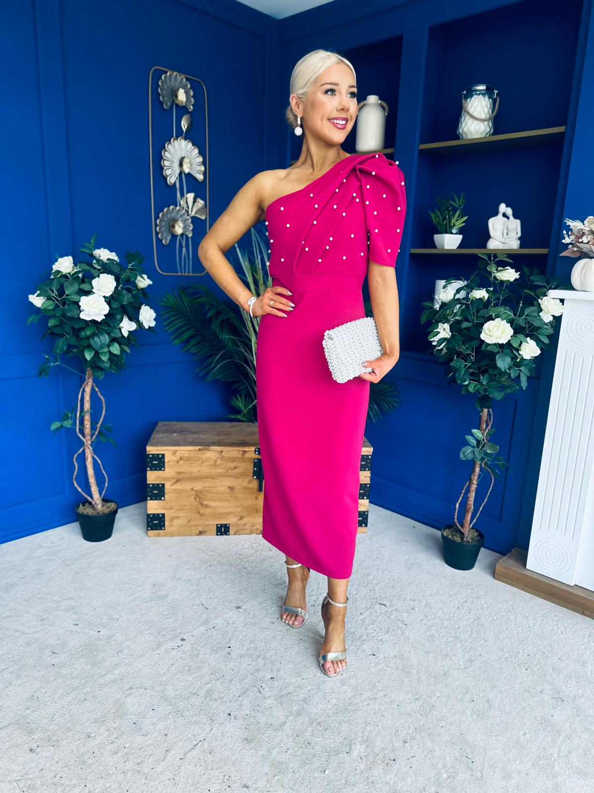 April Pearl Embellished Occasion Midi Dress Raspberry Pink