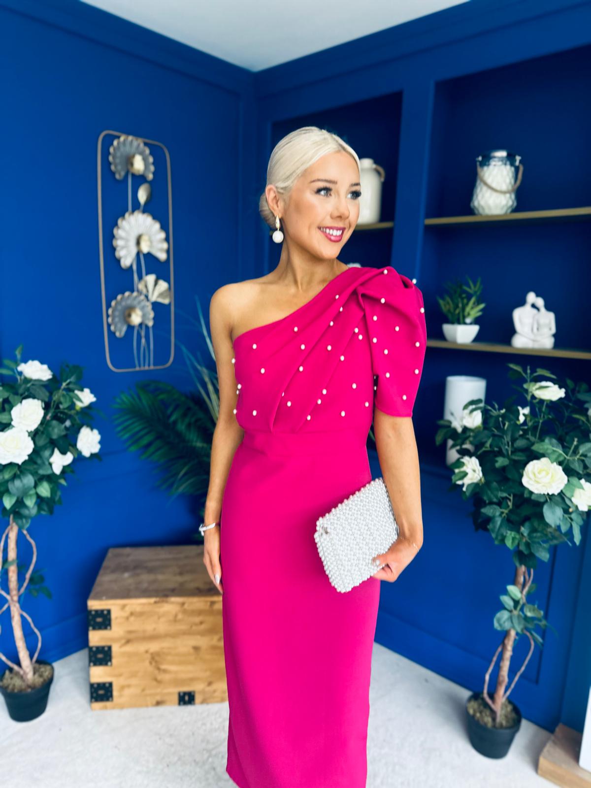 April Pearl Embellished Occasion Midi Dress Raspberry Pink