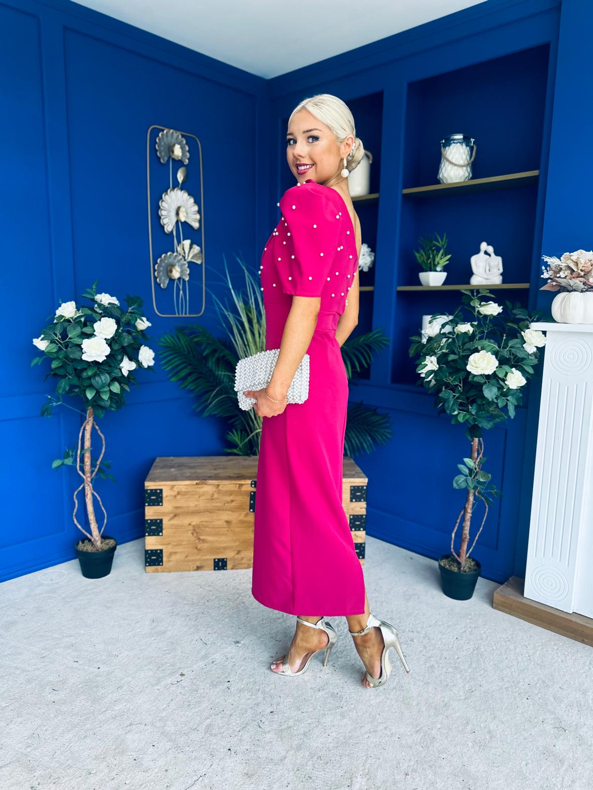 April Pearl Embellished Occasion Midi Dress Raspberry Pink