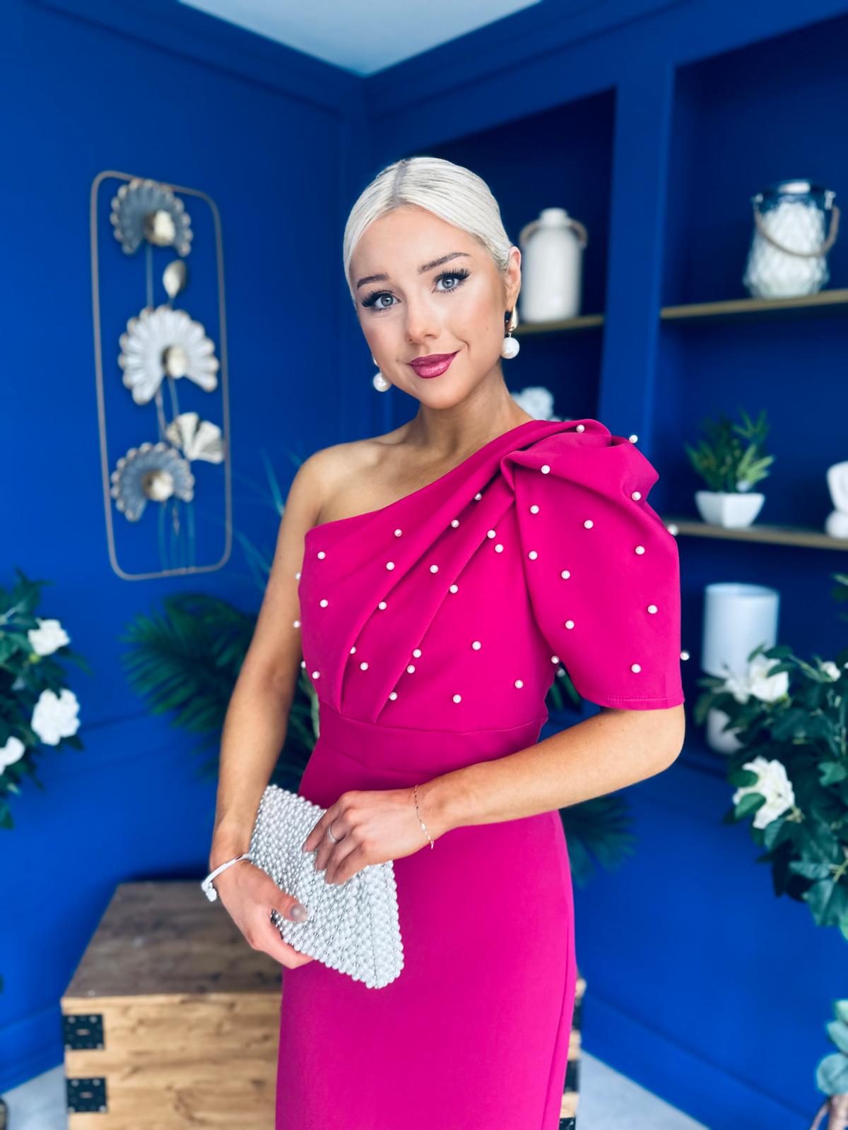 April Pearl Embellished Occasion Midi Dress Raspberry Pink