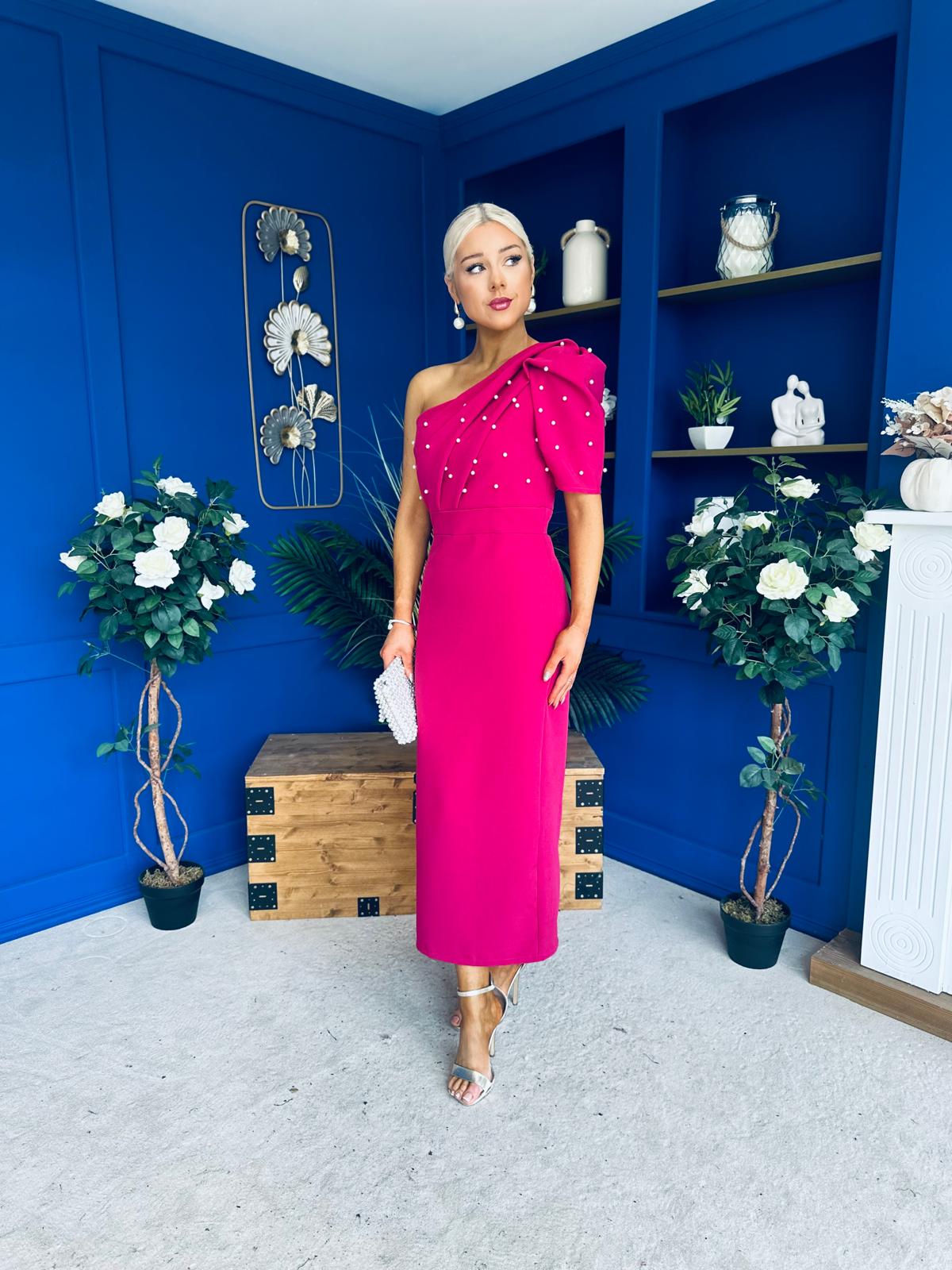 April Pearl Embellished Occasion Midi Dress Raspberry Pink