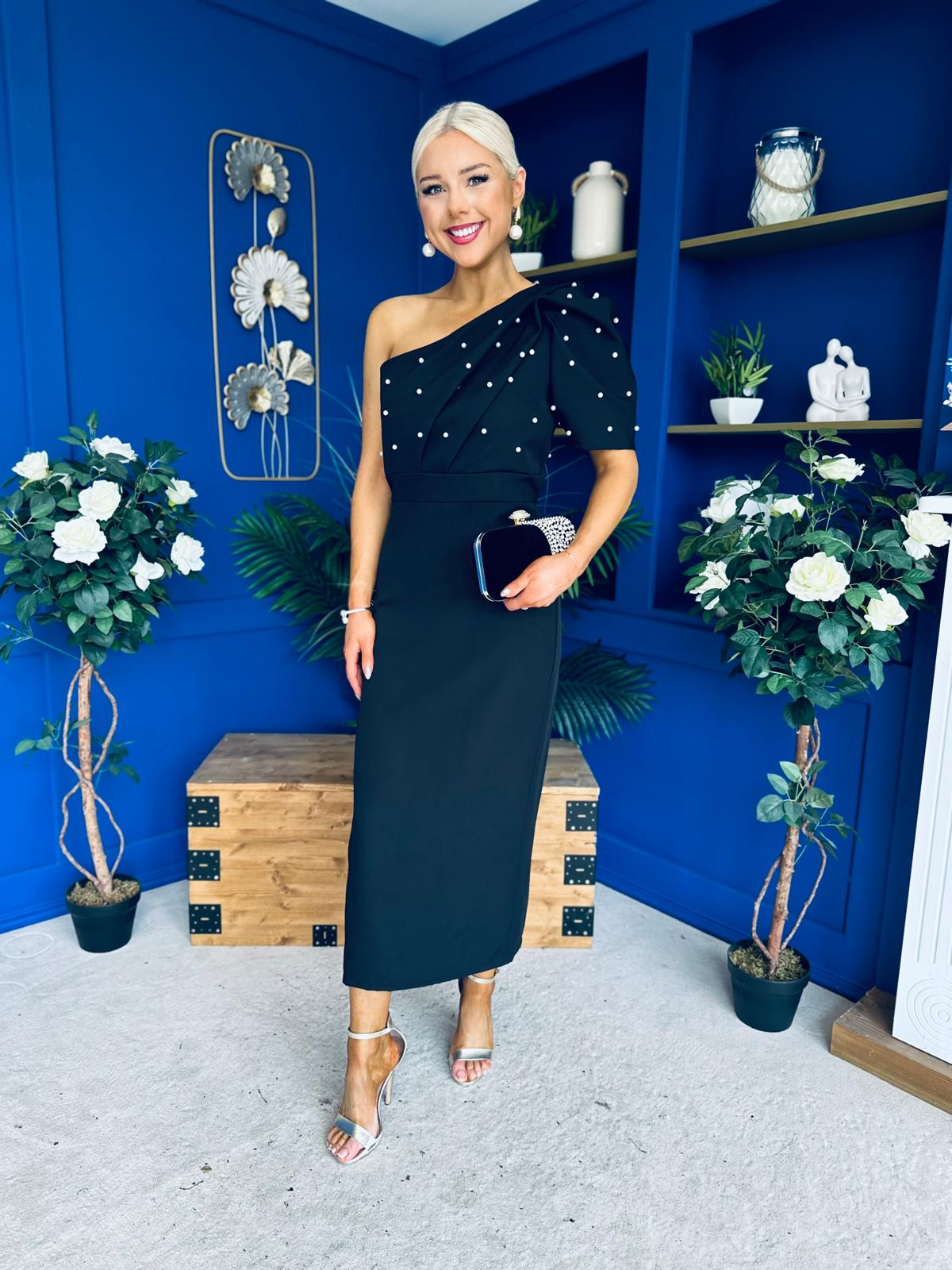 April Pearl Embellished Occasion Midi Dress Black